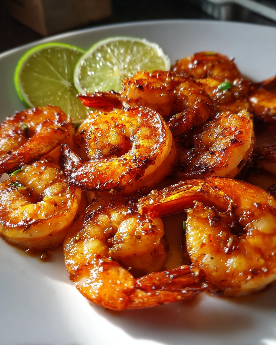 Close-up of glistening honey lime shrimp, garnished with lime slices, perfect for fast grilling recipes.