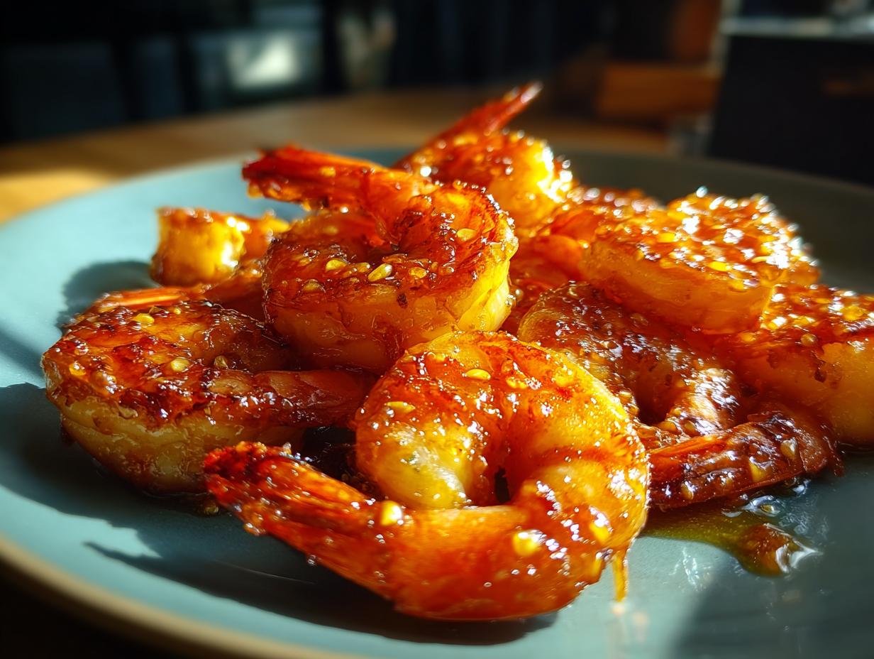 Close-up of glistening honey lime shrimp, perfect for fast grilling recipes, seasoned with sesame seeds.
