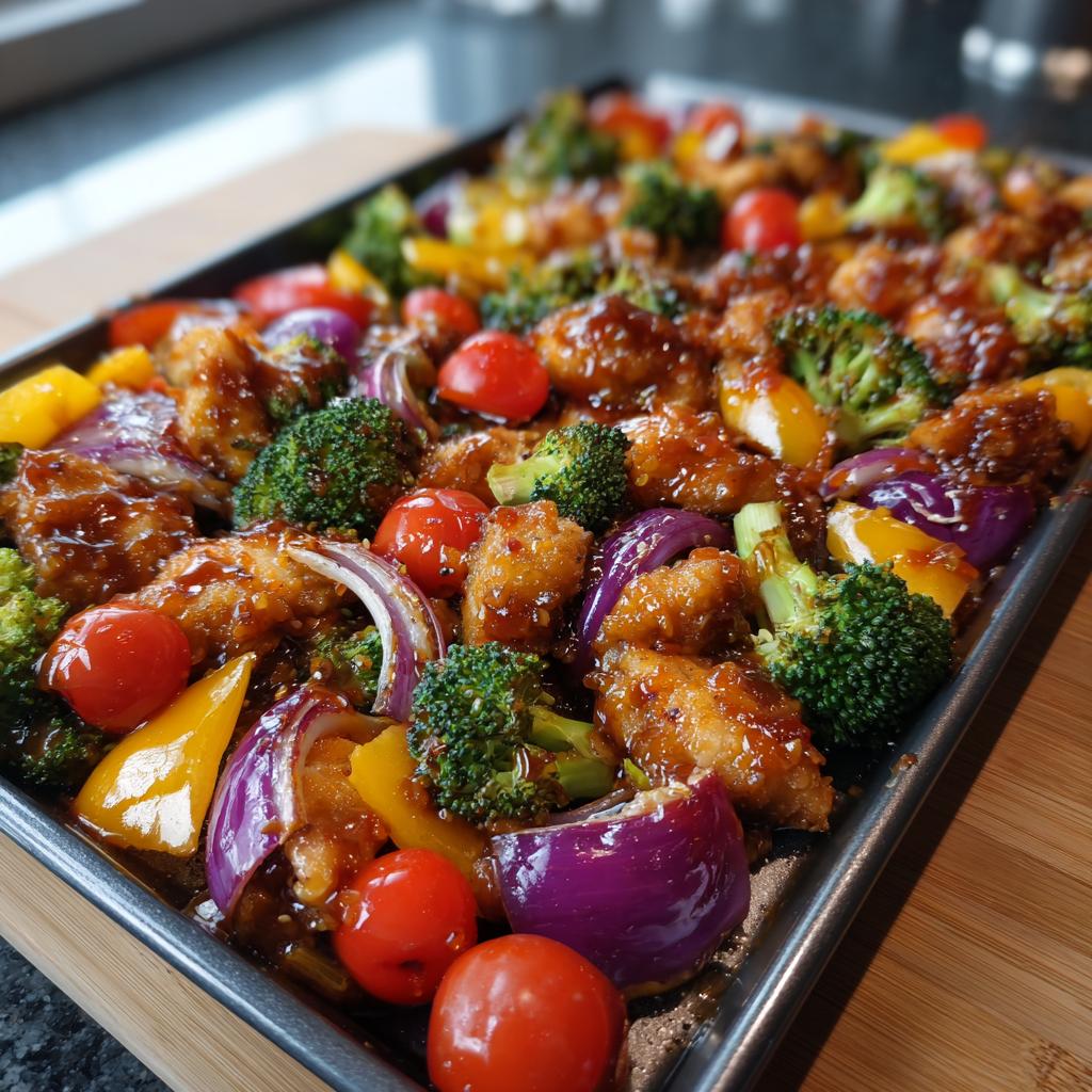 Sheet pan of honey mustard chicken breast pieces with broccoli, red onion, yellow bell pepper, and cherry tomatoes.