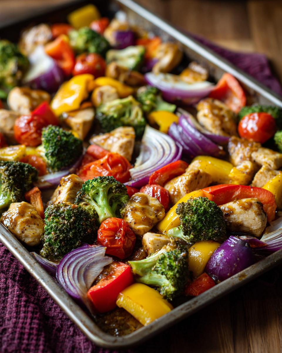 Sheet pan of honey mustard chicken breast recipes with roasted broccoli, bell peppers, red onion, and cherry tomatoes.