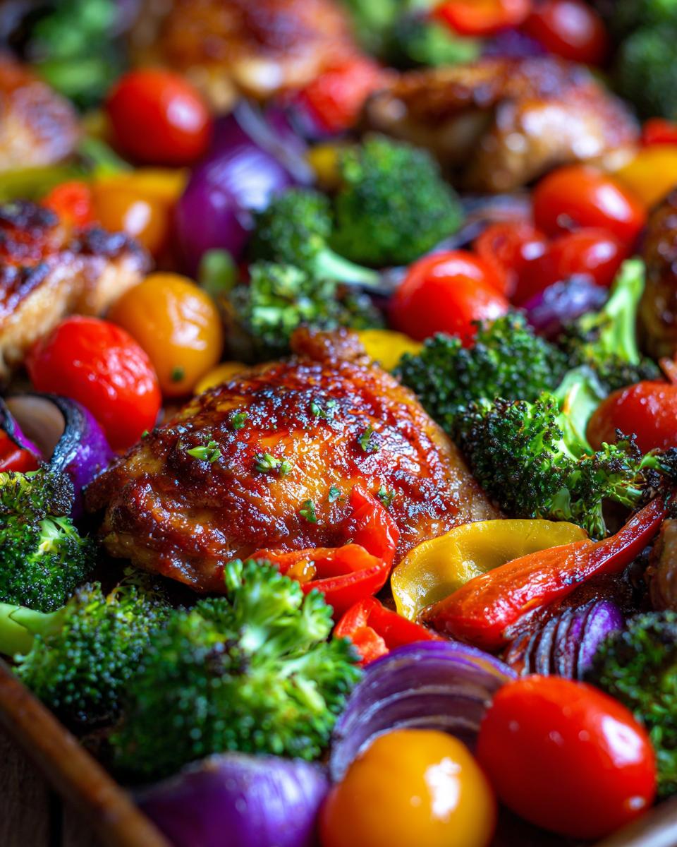 Close-up of honey mustard chicken breast recipes with roasted sheet pan vegetables like broccoli, cherry tomatoes, and red onion.