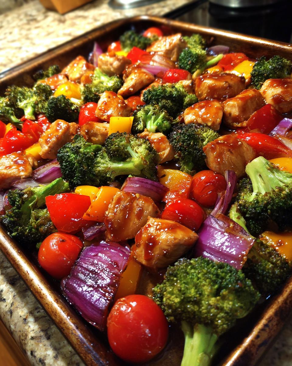 Close-up of a sheet pan filled with honey mustard chicken breast pieces, broccoli florets, cherry tomatoes, red onion, and bell peppers.