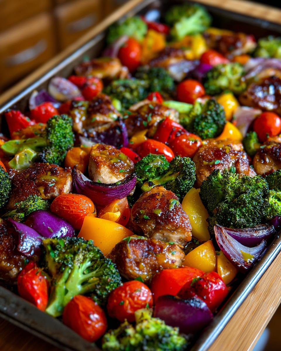 A close-up of a sheet pan filled with honey mustard chicken breast pieces and colorful roasted vegetables like broccoli, cherry tomatoes, bell peppers, and red onion.