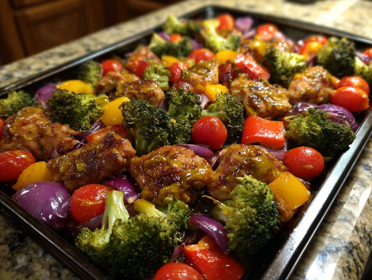 Close-up of honey mustard chicken breast pieces with broccoli, cherry tomatoes, bell peppers, and red onion on a baking sheet.