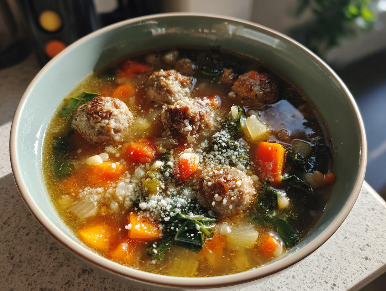 A close-up of a bowl of Italian Wedding Soup, featuring meatballs, pasta, carrots, and greens, sprinkled with Parmesan cheese.