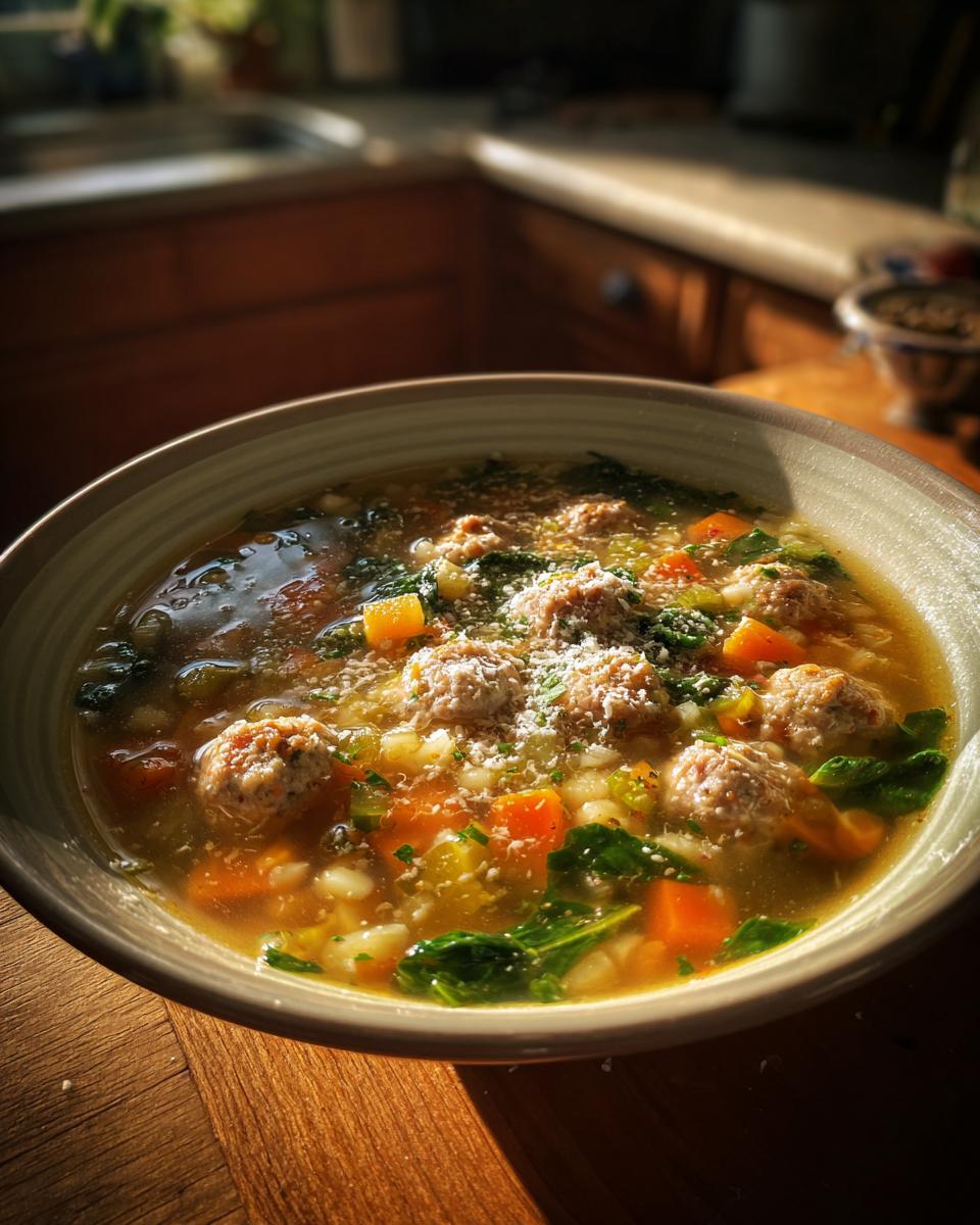 A close-up of a bowl of Italian Wedding Soup, featuring mini meatballs, carrots, greens, and pasta in broth, topped with grated Parmesan.