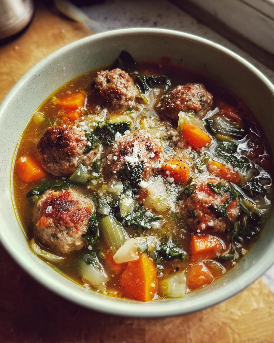 A close-up overhead view of a bowl of Italian Wedding Soup, featuring meatballs, carrots, greens, and a sprinkle of Parmesan cheese.