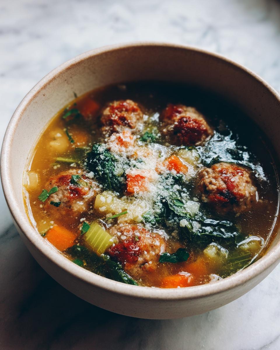 A close-up of a bowl of Italian Wedding Soup, featuring tender meatballs, vegetables, and a sprinkle of Parmesan cheese.