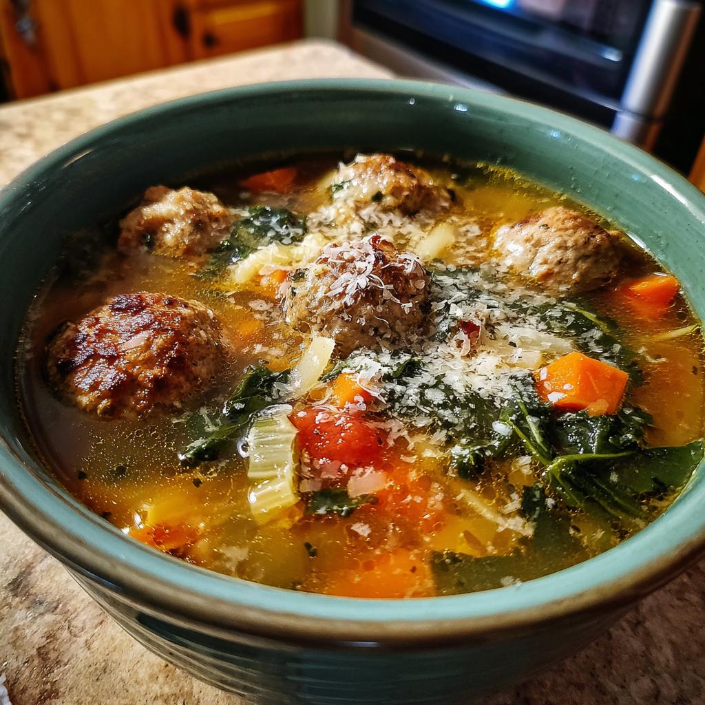 A close-up of a bowl of Italian Wedding Soup with tender meatballs, carrots, greens, and a sprinkle of Parmesan cheese.