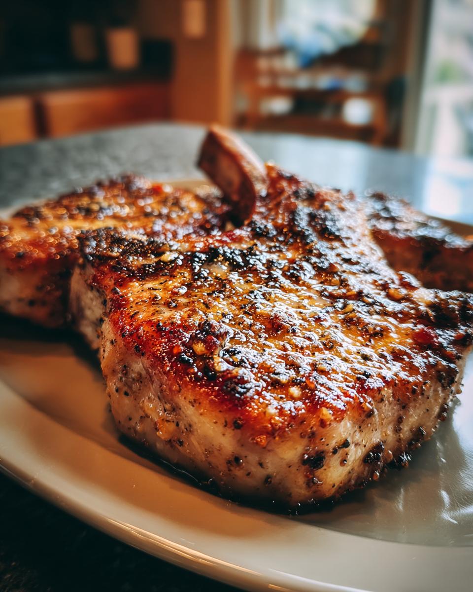 Close-up of two perfectly cooked, juicy pork chops seasoned with herbs and spices, ready to be served.