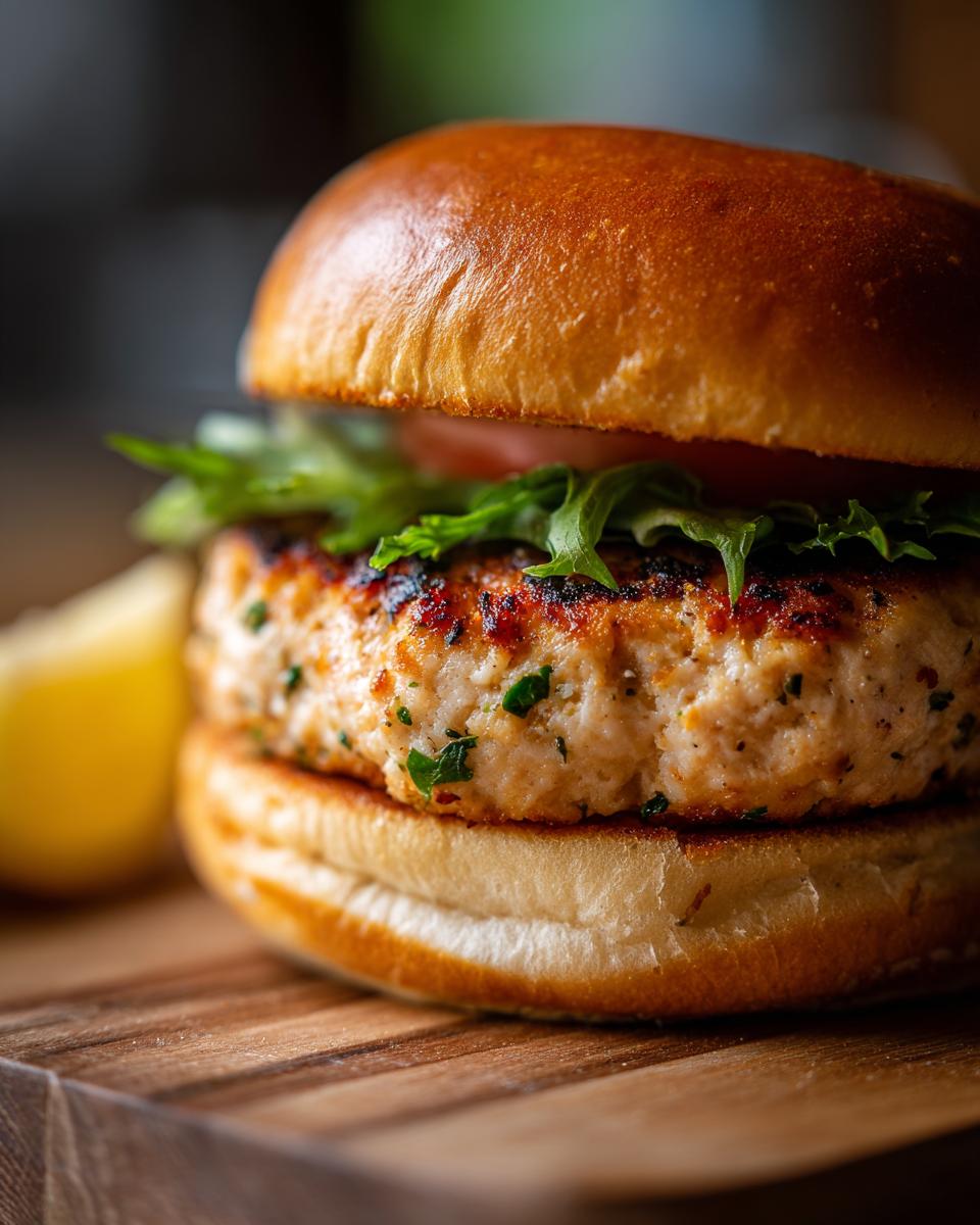 A close-up of a juicy grilled turkey burger on a bun, with lettuce, tomato, and a slice of lemon on the side.