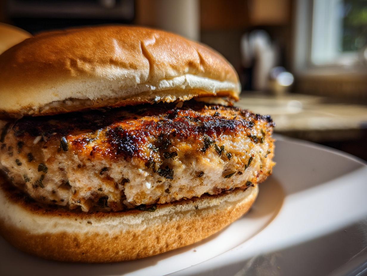 Close-up of a perfectly grilled turkey burger patty with visible herbs, nestled in a toasted bun.