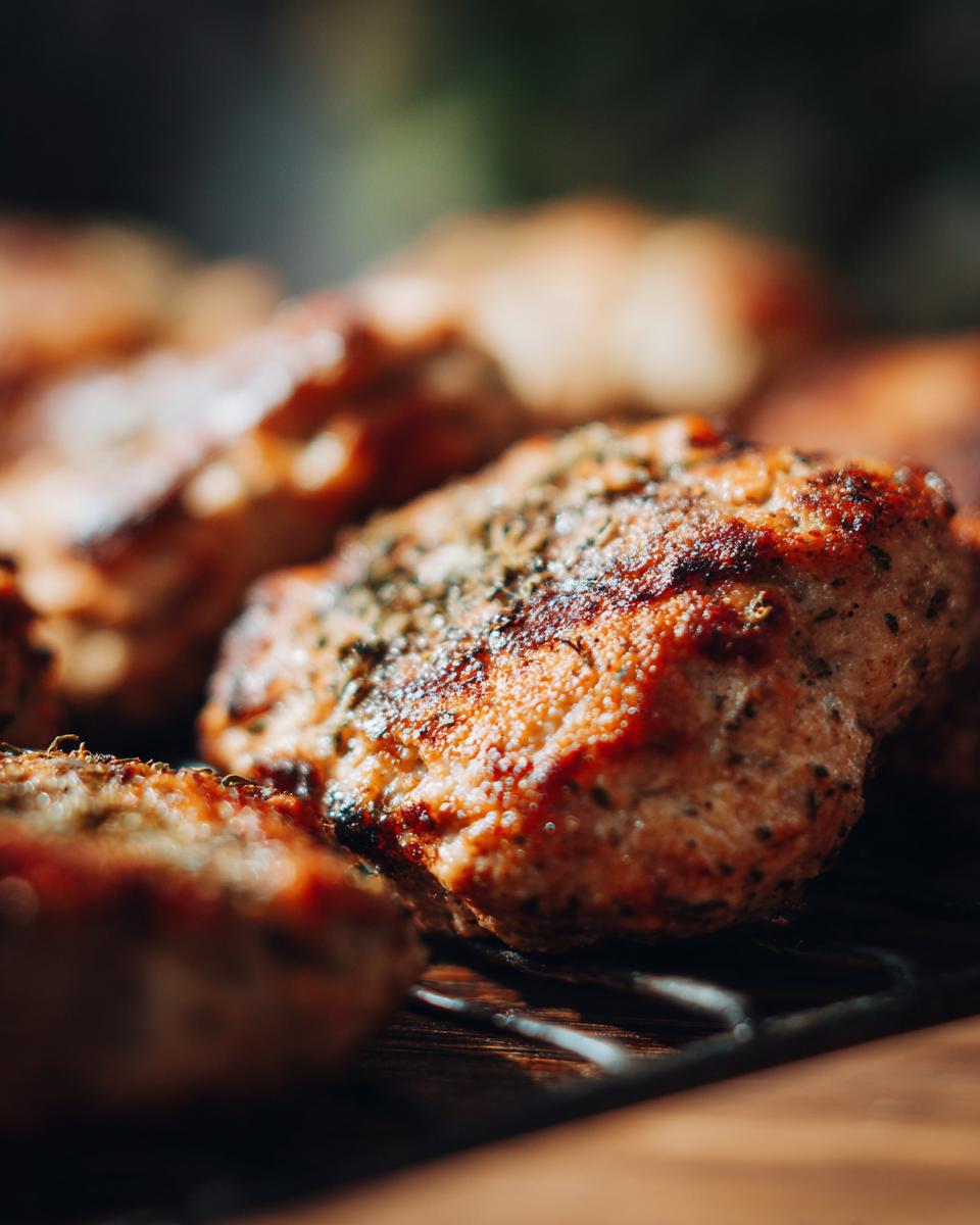 Close-up of perfectly grilled turkey burgers with herbs, showing a juicy texture.