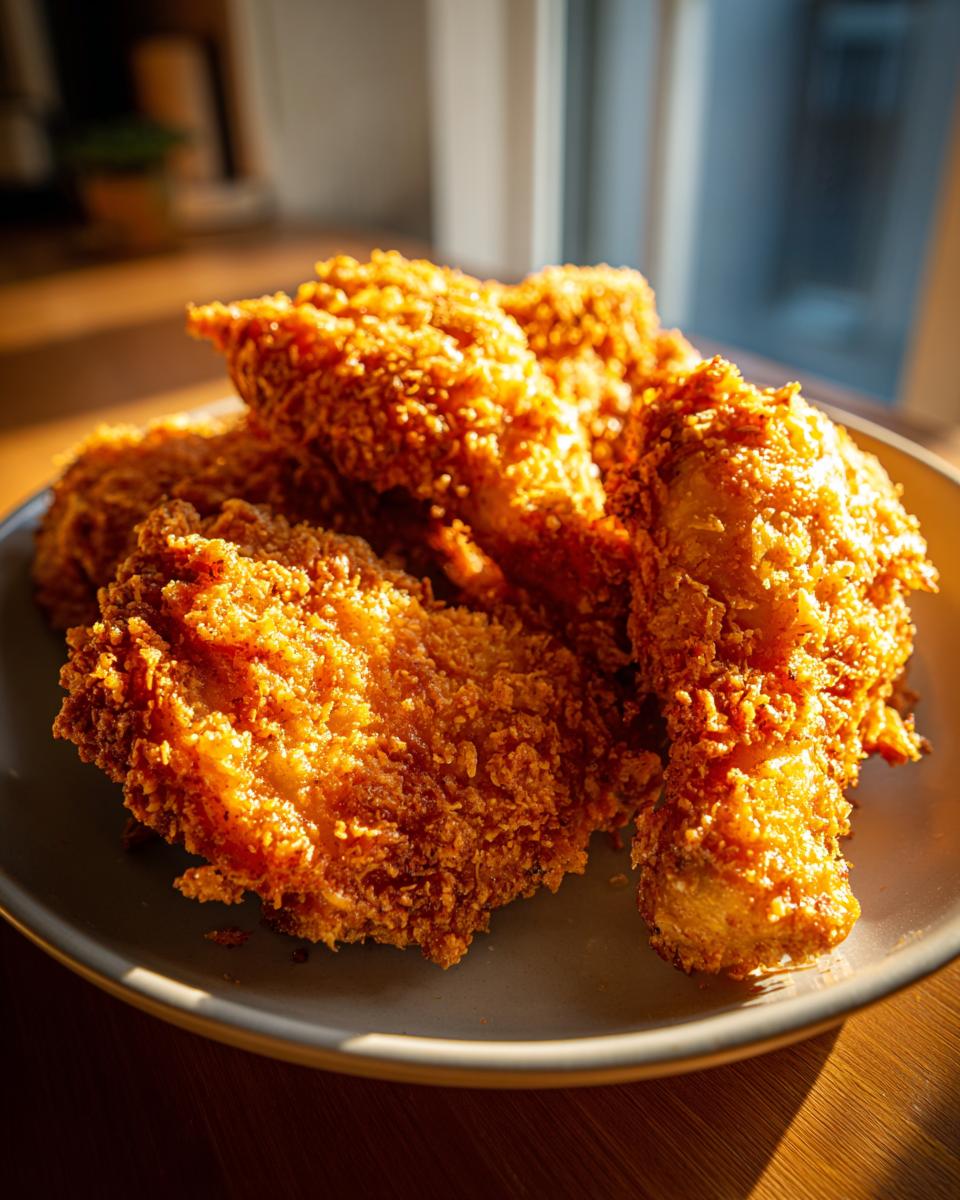 A plate piled high with golden-brown, crispy baked parmesan chicken pieces.
