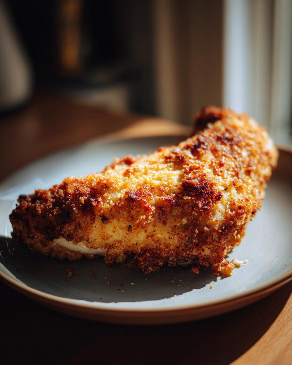 A perfectly baked, golden-brown Parmesan chicken breast on a plate, showcasing its crispy coating.