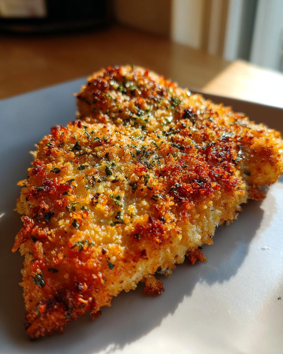 Close-up of a perfectly baked juicy parmesan chicken breast, golden brown and crispy.