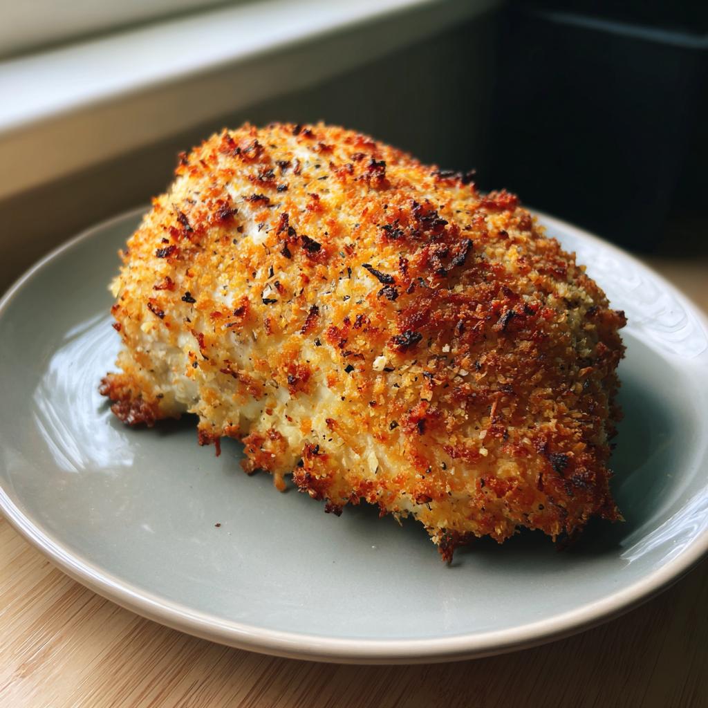 A perfectly baked, juicy Parmesan chicken breast with a golden-brown, crispy coating, served on a plate.