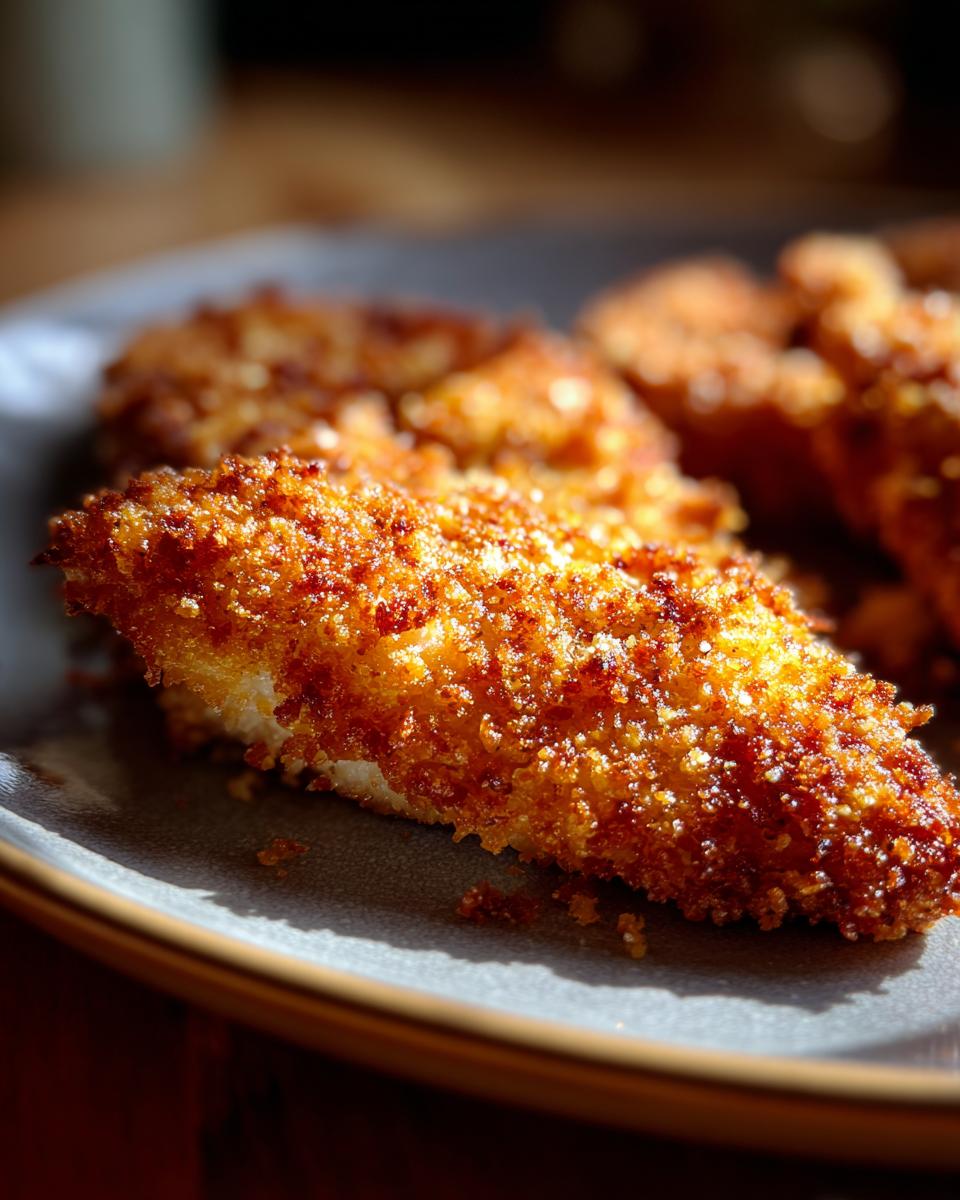 Close-up of a golden-brown, crispy baked chicken breast with a parmesan coating.