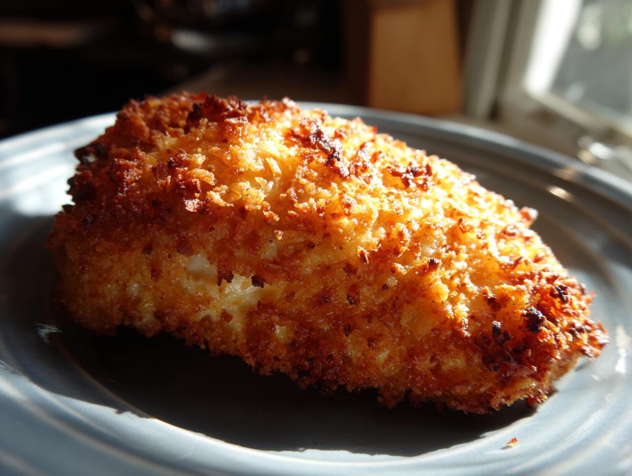 Close-up of a golden-brown, crispy baked chicken breast with a parmesan and breadcrumb coating.
