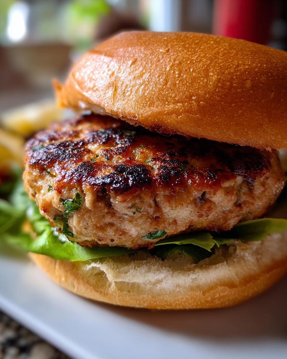 Close-up of a juicy grilled turkey burger with herbs, served on a bun with lettuce.
