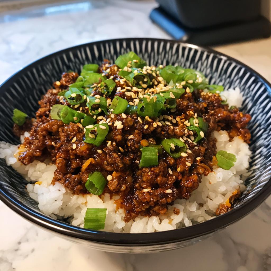 A close-up of a Korean beef rice bowl, featuring seasoned ground beef over white rice, topped with green onions and sesame seeds.