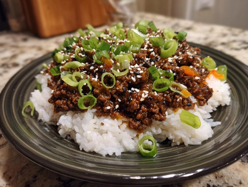 A close-up of Korean beef rice bowls made with ground beef, topped with green onions and sesame seeds.