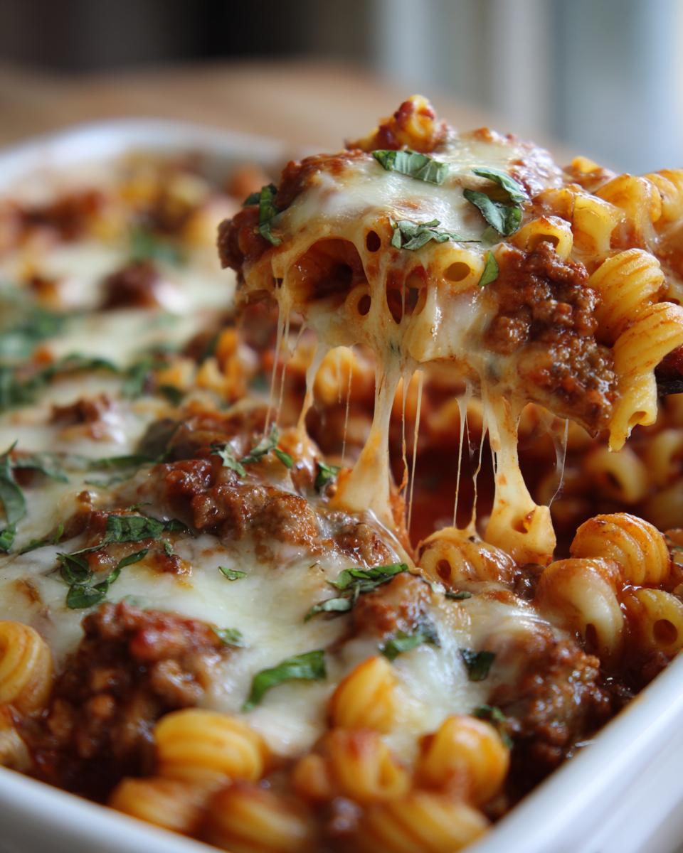 A spoonful of Lasagna Soup with Melty Cheese on Top, showing gooey cheese stretching from the pasta and meat sauce.