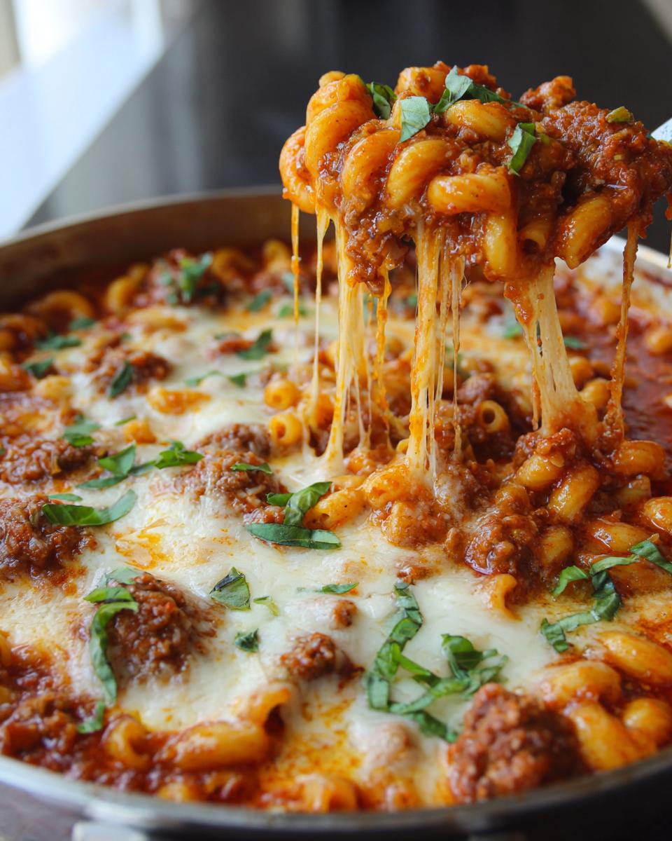 A scoop of hearty lasagna soup with melty cheese and fresh basil, showing strings of cheese.