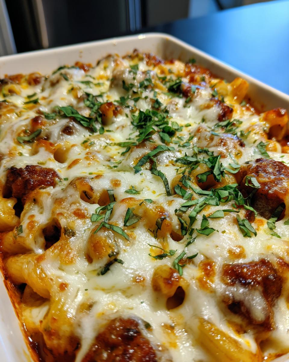 A close-up of Lasagna Soup with melty cheese and meatballs, garnished with fresh herbs.