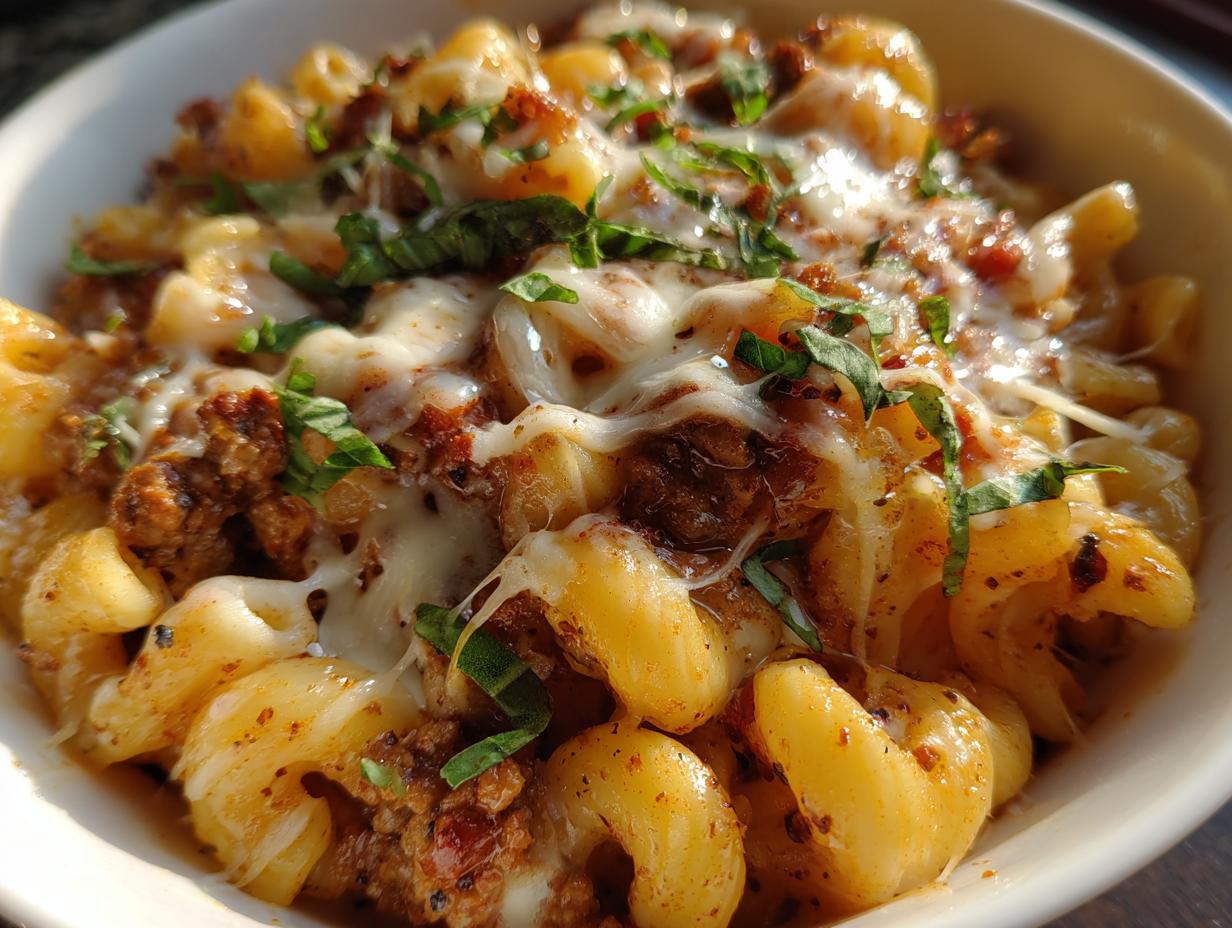 Close-up of a bowl of Lasagna Soup Recipes with melty cheese on top and pasta.