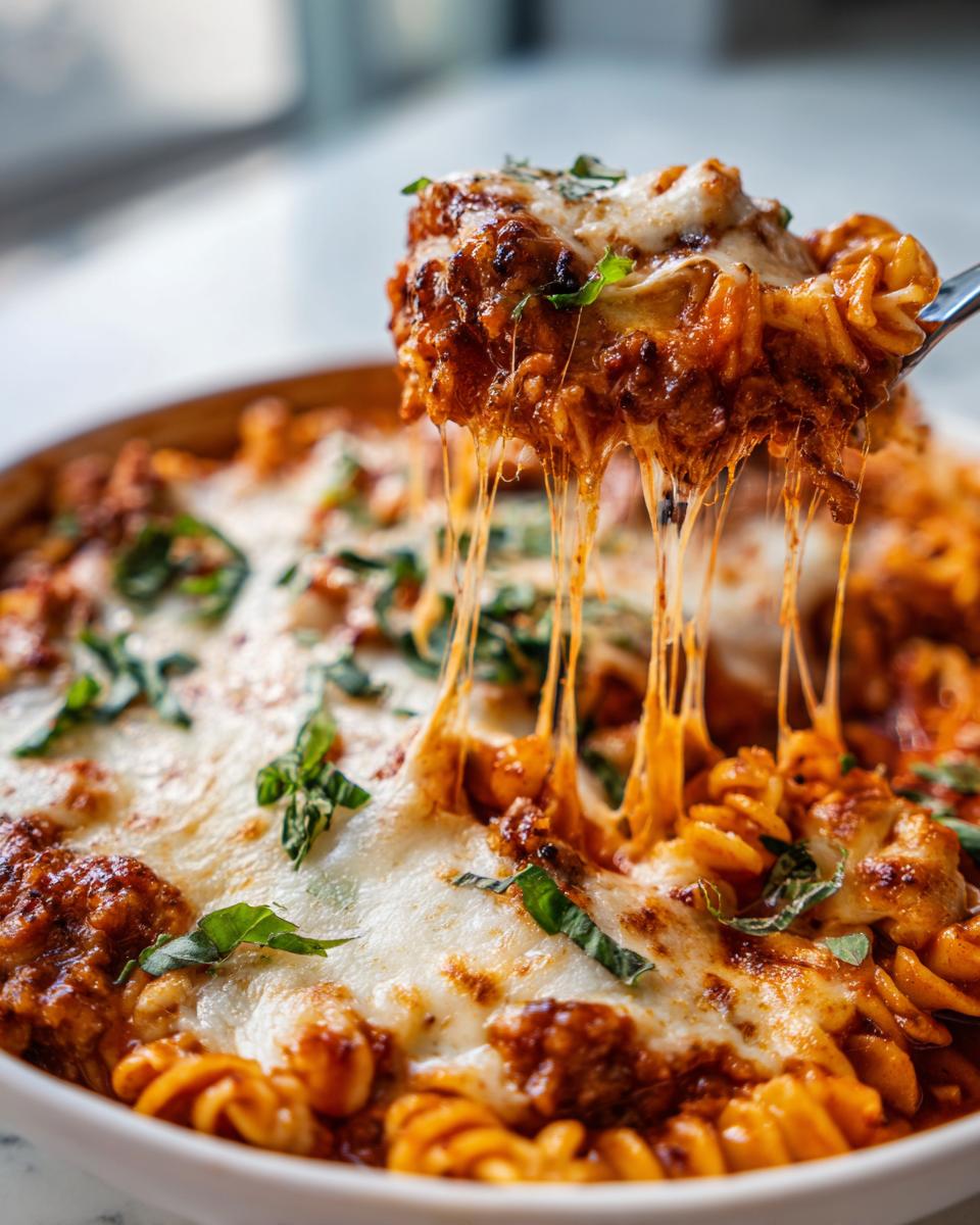 A spoonful of lasagna soup with melty cheese being lifted from a bowl, showing rotini pasta and rich meat sauce.