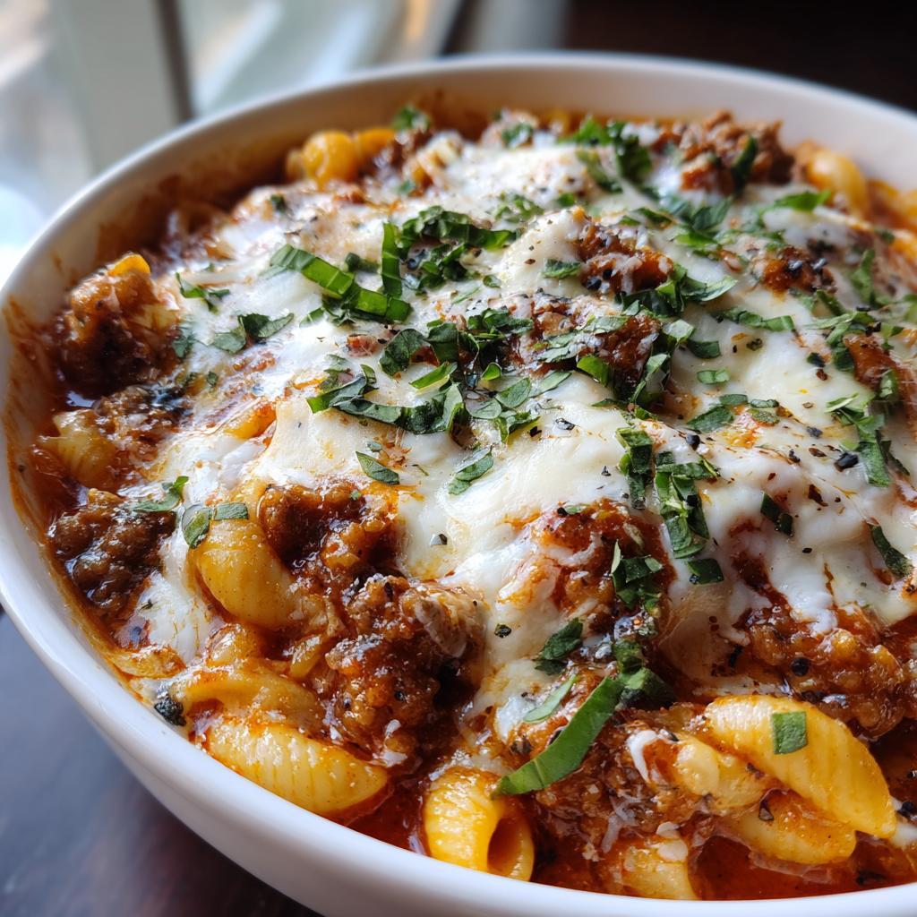 A close-up of a bowl of Lasagna Soup, featuring pasta shells, rich meat sauce, and bubbly, melty cheese topped with fresh herbs.