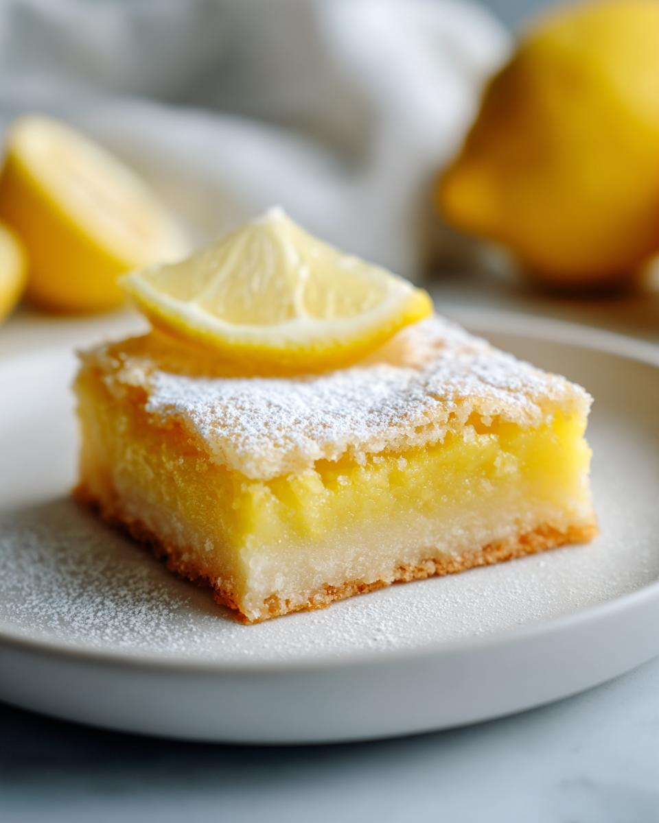 A slice of lemon bar topped with powdered sugar and a lemon wedge, showcasing its bright citrus flavor.