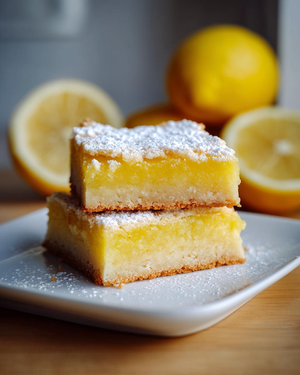 Two bright lemon bars stacked on a white plate, dusted with powdered sugar, with lemons in the background.