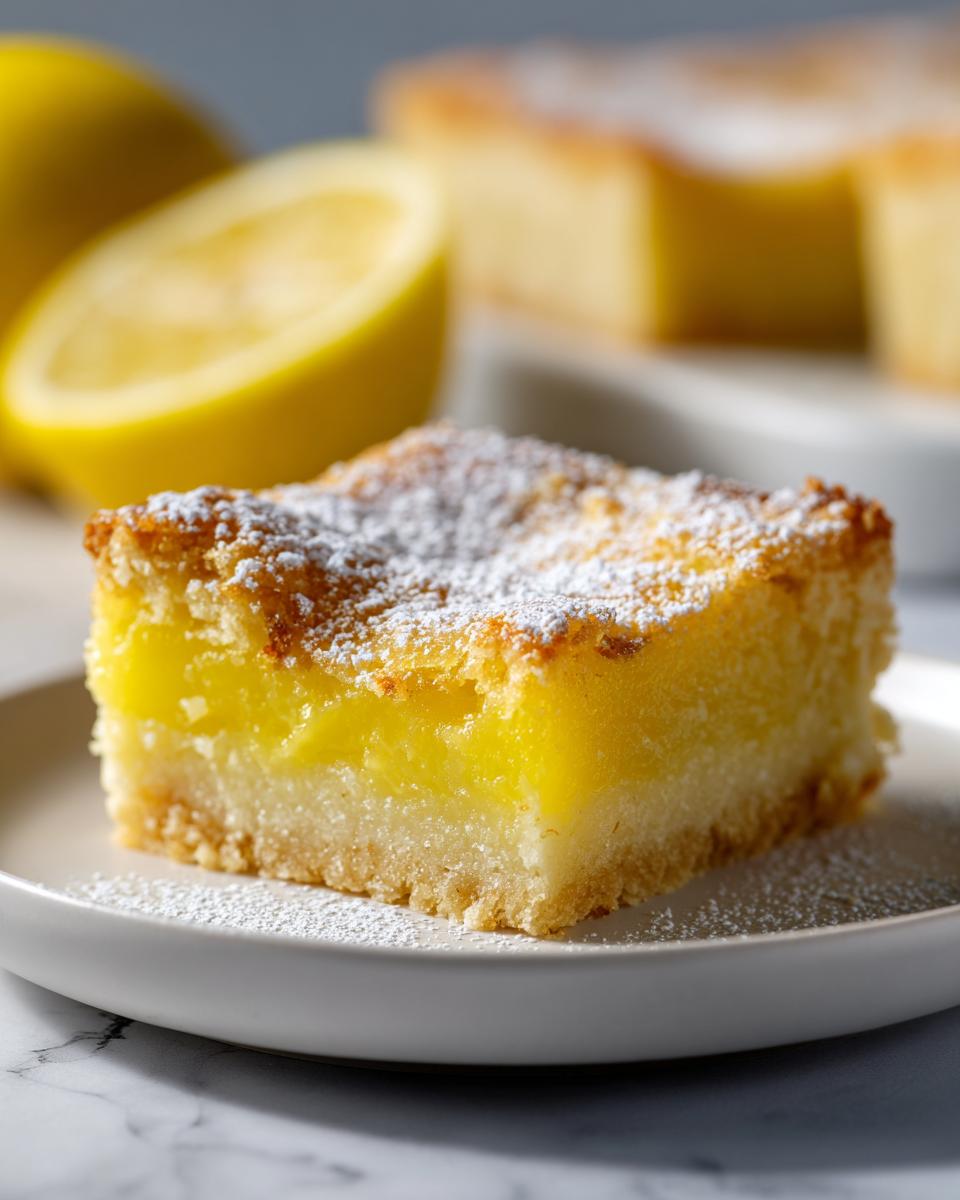 A close-up of a lemon bar dusted with powdered sugar, showcasing its bright yellow filling and crumbly crust.