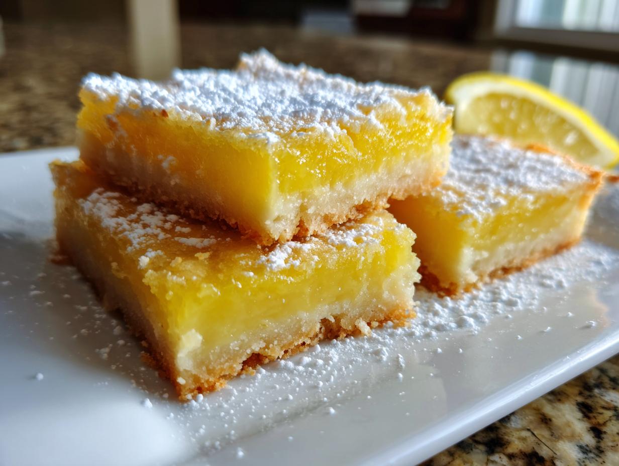 A stack of three bright yellow lemon bars, dusted with powdered sugar, on a white plate with a lemon slice in the background.