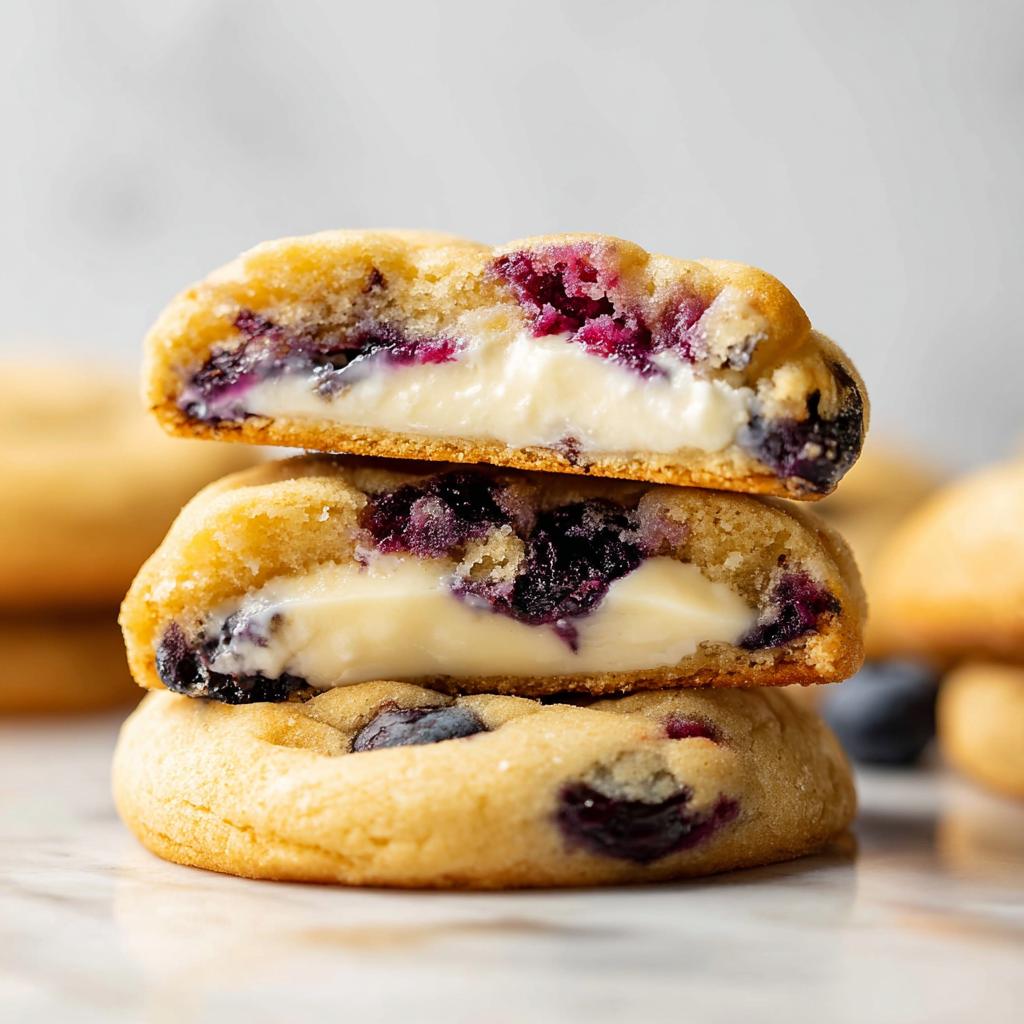 A stack of three Lemon Blueberry Cheesecake Cookies, with the top two cookies cut in half to reveal the creamy cheesecake filling and blueberries.