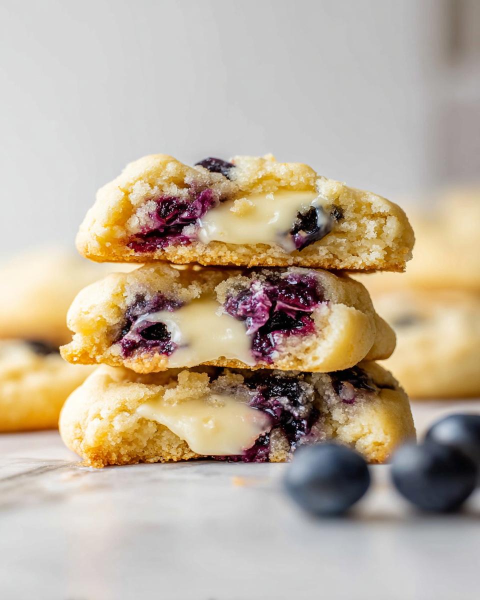 A stack of three Lemon Blueberry Cheesecake Cookies, showing the gooey cheesecake filling and blueberries inside.