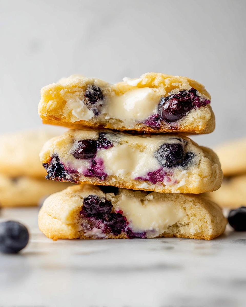 A stack of three Lemon Blueberry Cheesecake Cookies, cut in half to reveal a creamy cheesecake filling and juicy blueberries.