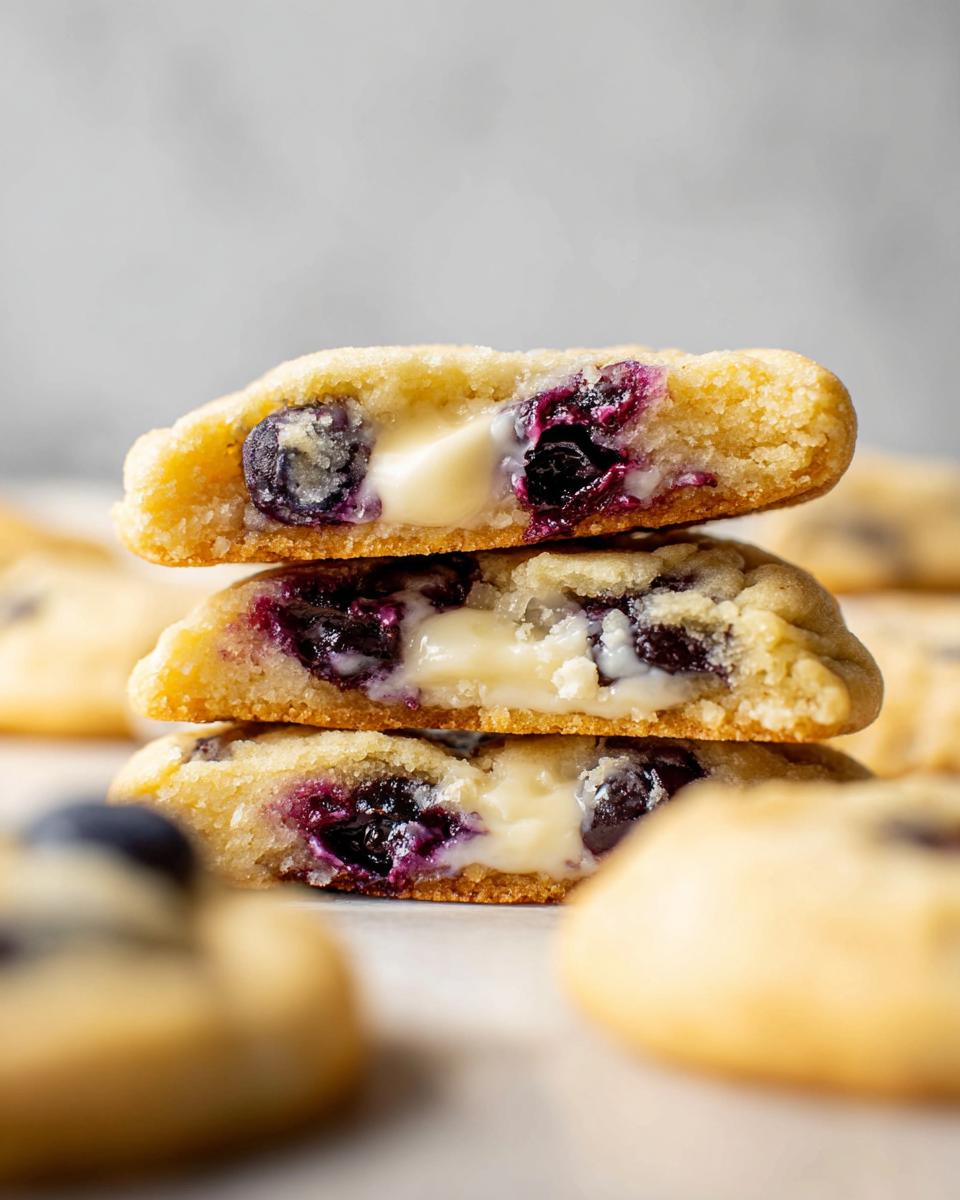A stack of three Lemon Blueberry Cheesecake Cookies, cut in half to show the creamy cheesecake filling and blueberries.