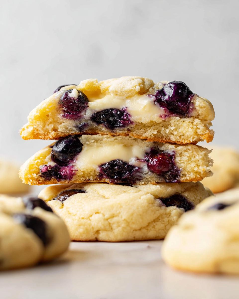 A stack of two halves of Lemon Blueberry Cheesecake Cookies, showing the creamy cheesecake filling and blueberries inside.