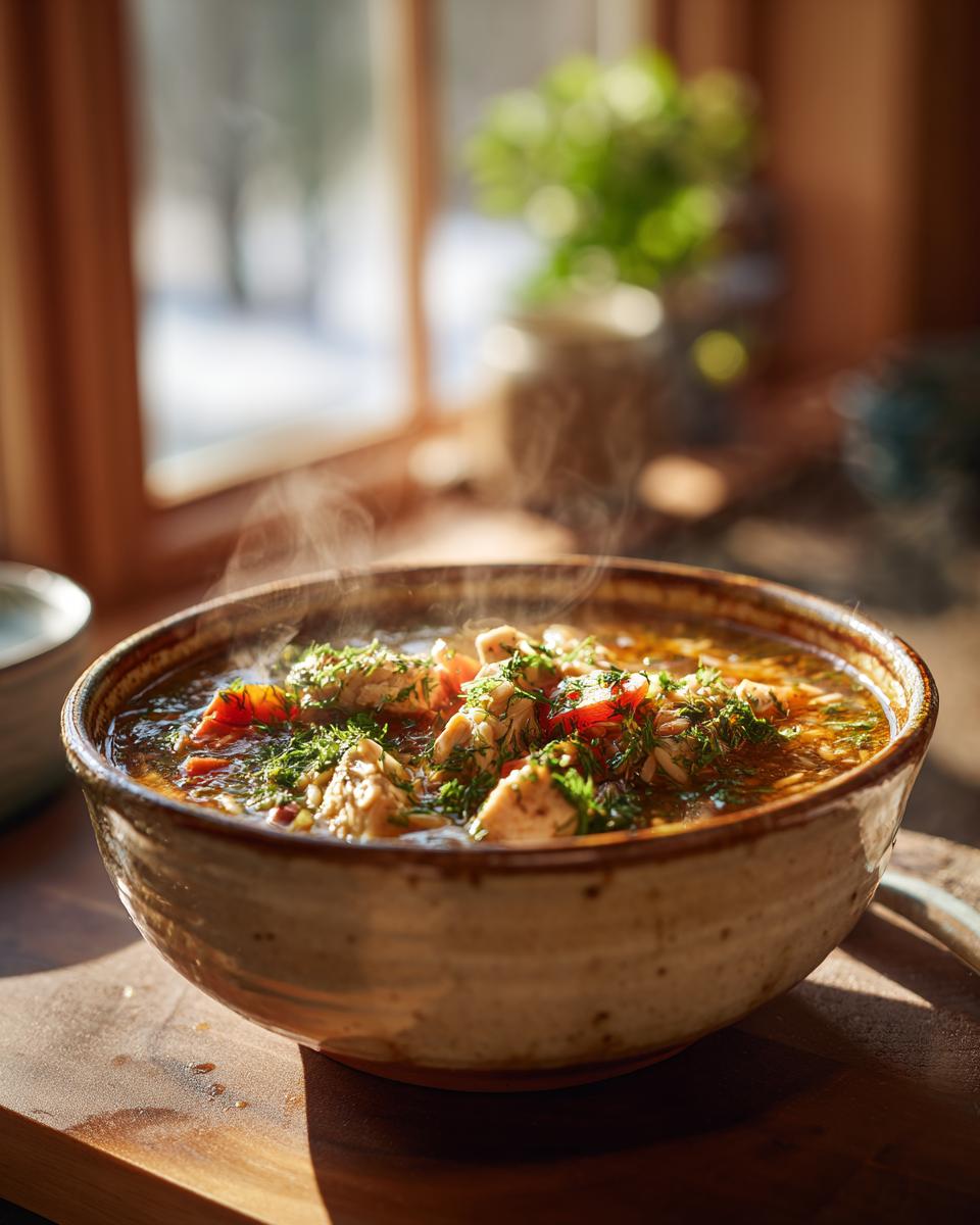 A steaming bowl of Lemon Chicken Orzo Soup with Fresh Herbs, featuring tender chicken, orzo pasta, and bright green herbs.