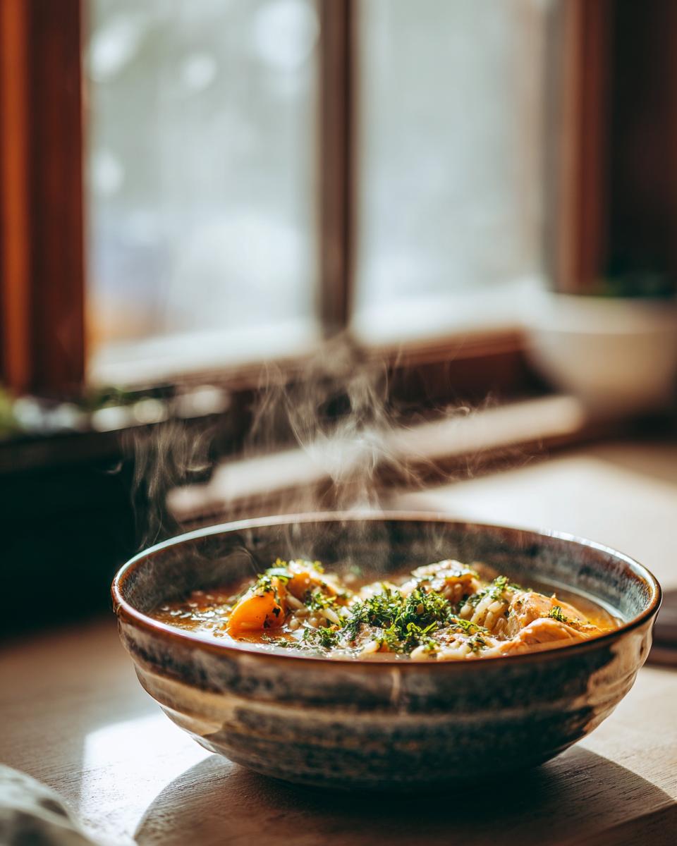 A steaming bowl of Lemon Chicken Orzo Soup With Fresh Herbs, garnished with chopped parsley.