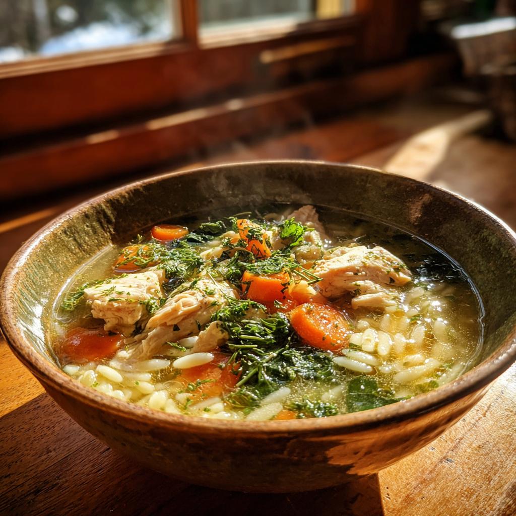 A steaming bowl of Lemon Chicken Orzo Soup with fresh herbs, featuring tender chicken, orzo pasta, and vibrant carrots.