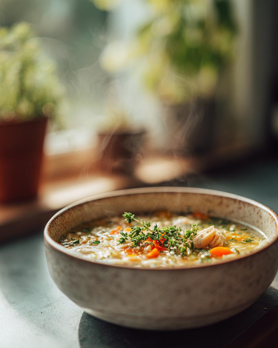 A steaming bowl of Lemon Chicken Orzo Soup with fresh herbs, carrots, and orzo pasta.