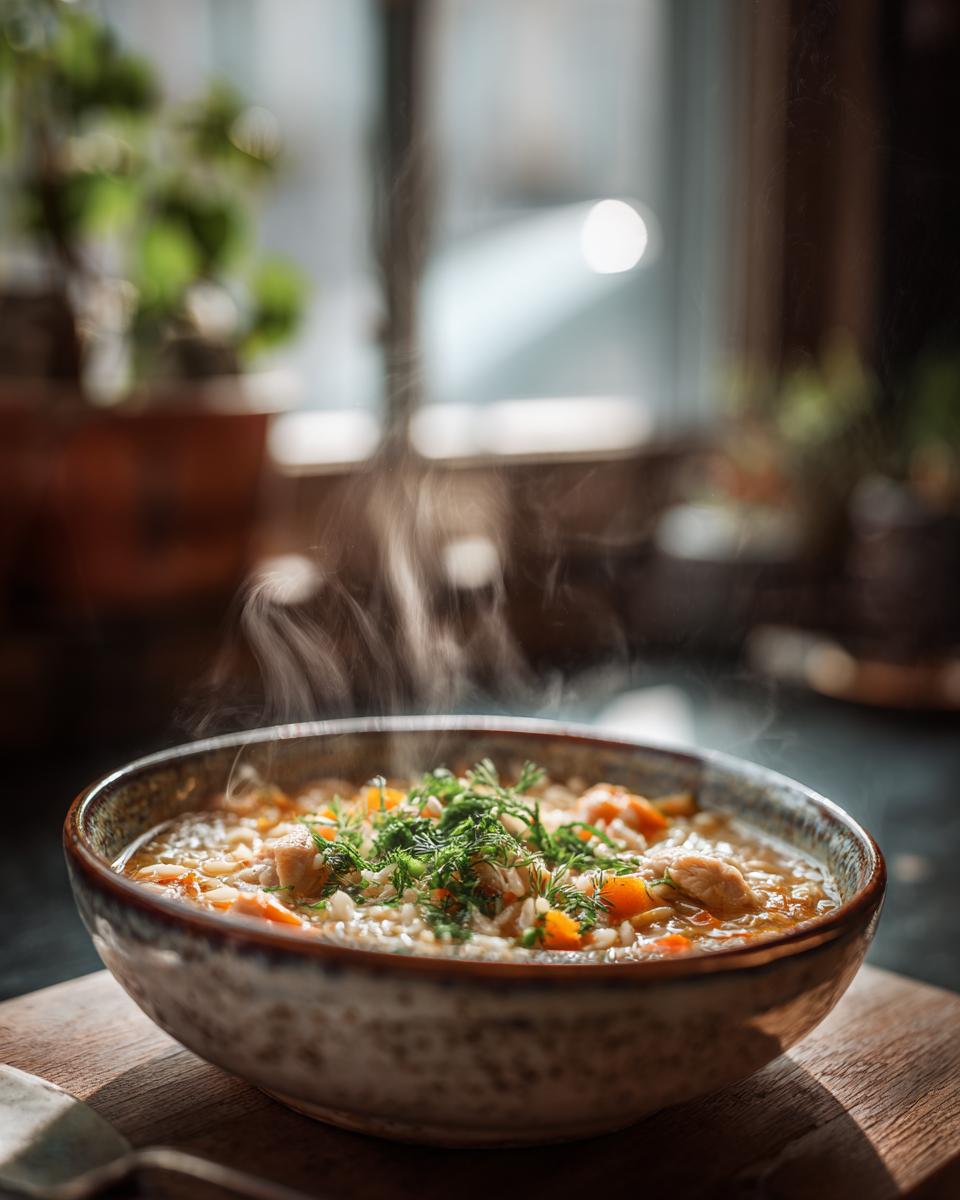 A steaming bowl of Lemon Chicken Orzo Soup with fresh herbs and visible chicken pieces and orzo pasta.