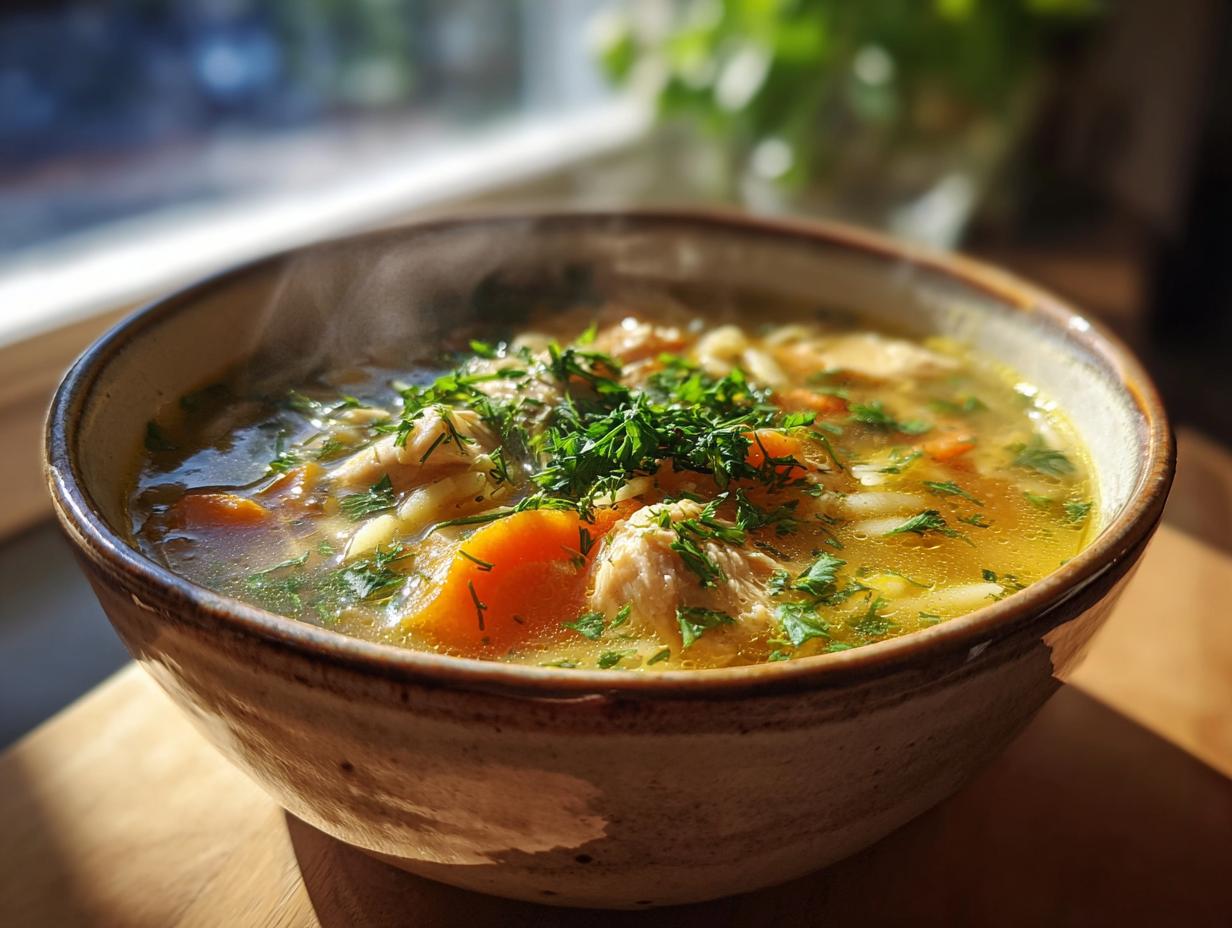 A steaming bowl of Lemon Chicken Orzo Soup with fresh herbs, featuring tender chicken, orzo pasta, and carrots.