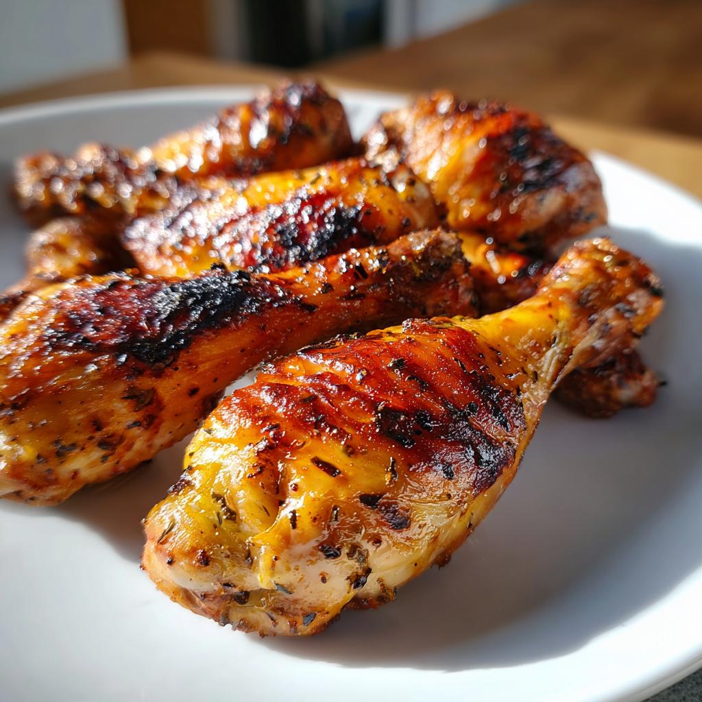 Close-up of perfectly grilled lemon garlic drumsticks, with crispy skin and visible herbs.