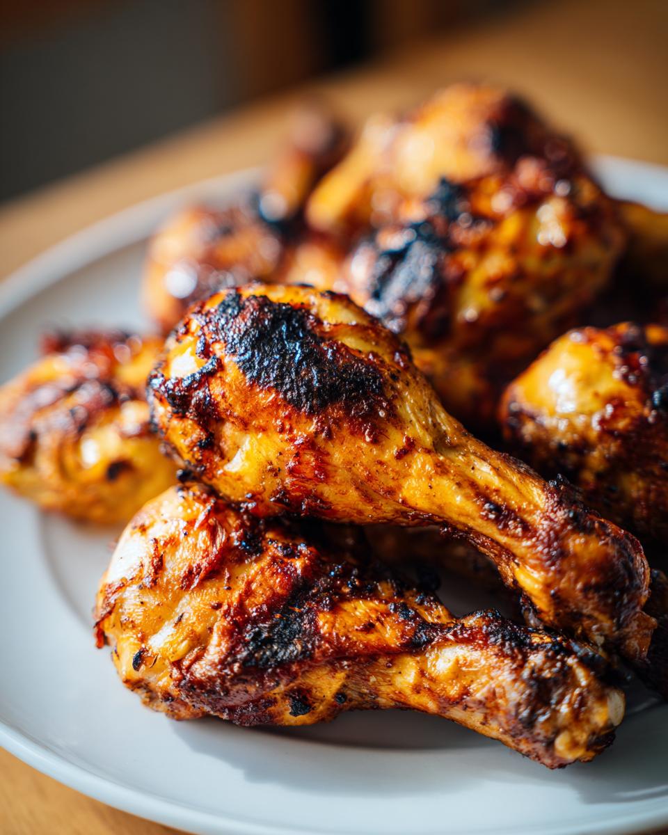 Close-up of perfectly grilled lemon garlic drumsticks with char marks, ready for a family cookout.
