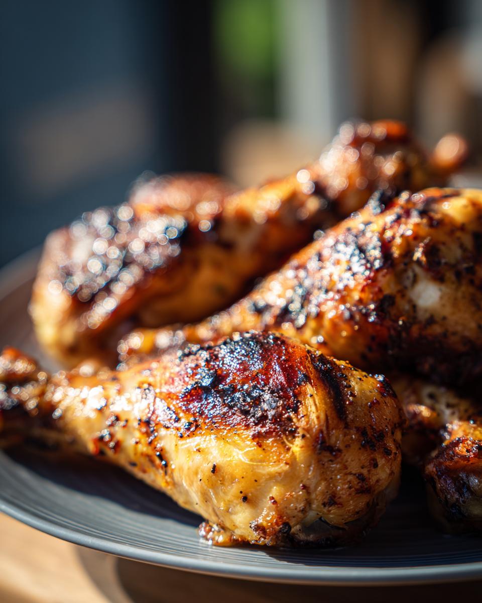 Close-up of perfectly grilled lemon garlic drumsticks on a plate, with char marks and glistening skin.